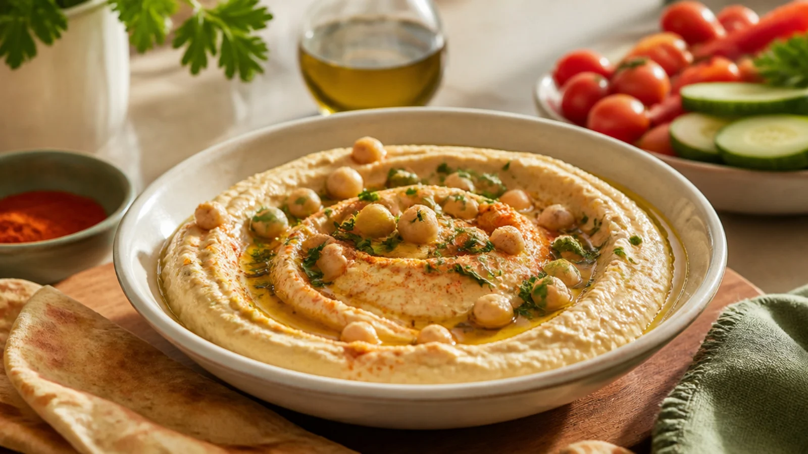 Roasted Red Pepper Hummus Recipes to Love — hummus plated and ready to serve
