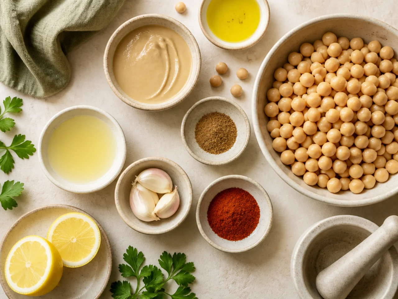 Fresh ingredients for hummus arranged in bowls