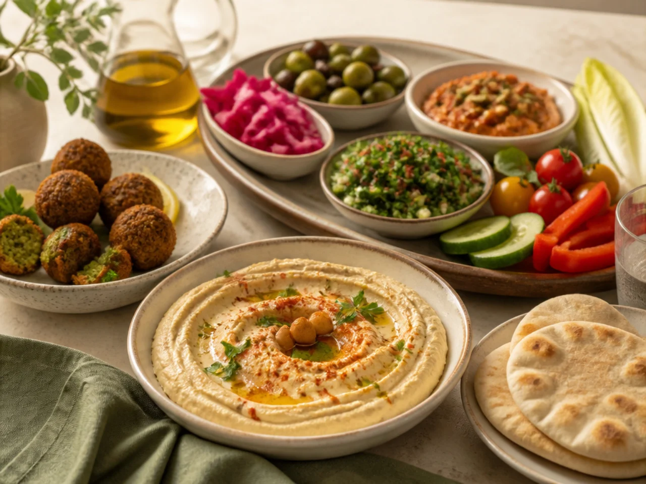 hummus served with warm pita, crunchy vegetables, falafel and a mezze platter
