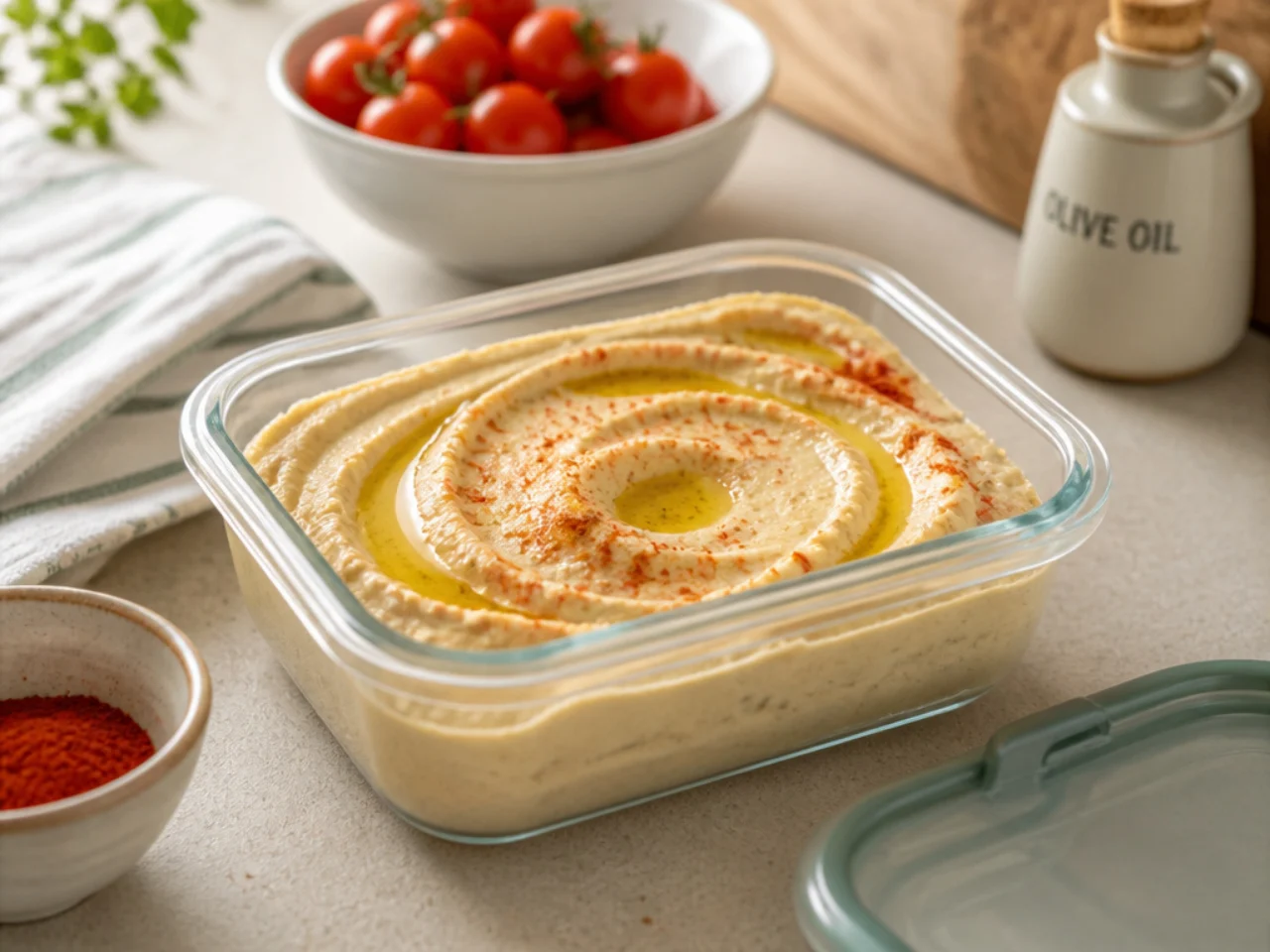 Make-ahead storage of hummus in containers