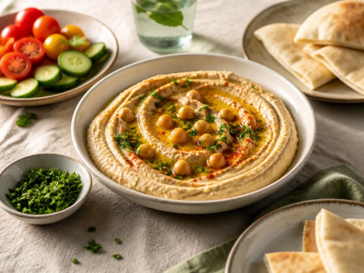 hummus served family-style on a cozy table