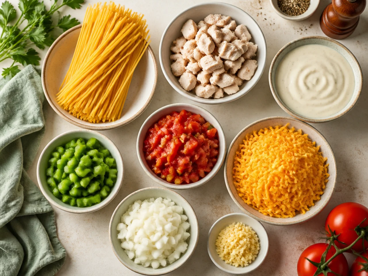 Fresh ingredients for chicken spaghetti arranged in bowls