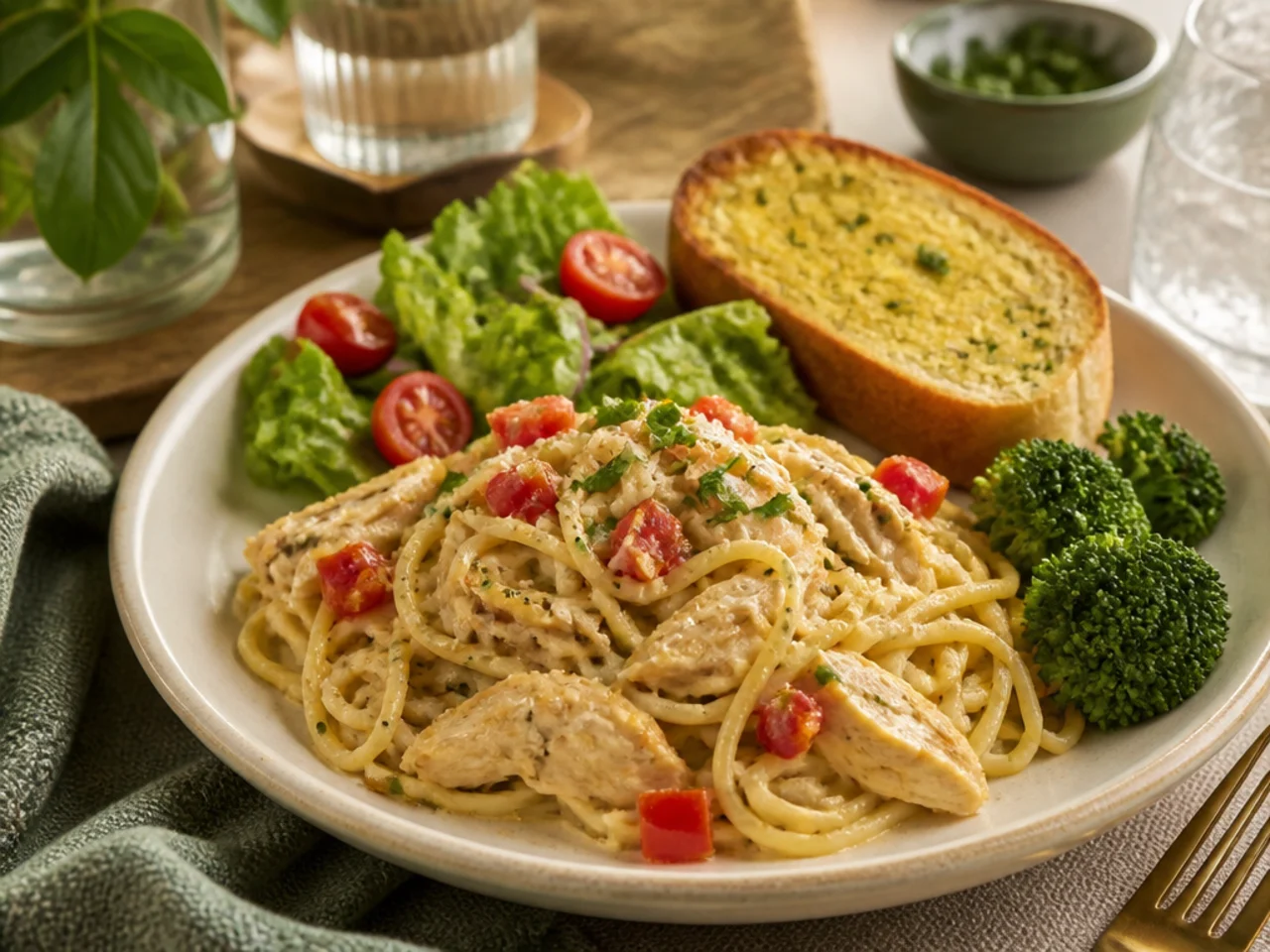 chicken spaghetti served with warm garlic bread, a green salad and steamed broccoli