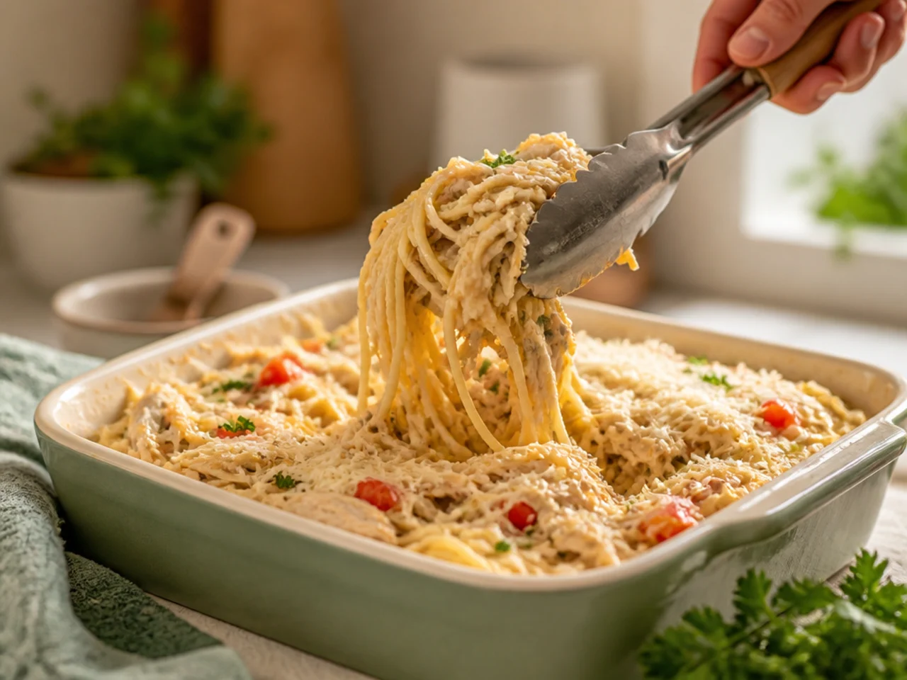 Step-by-step process shot for chicken spaghetti