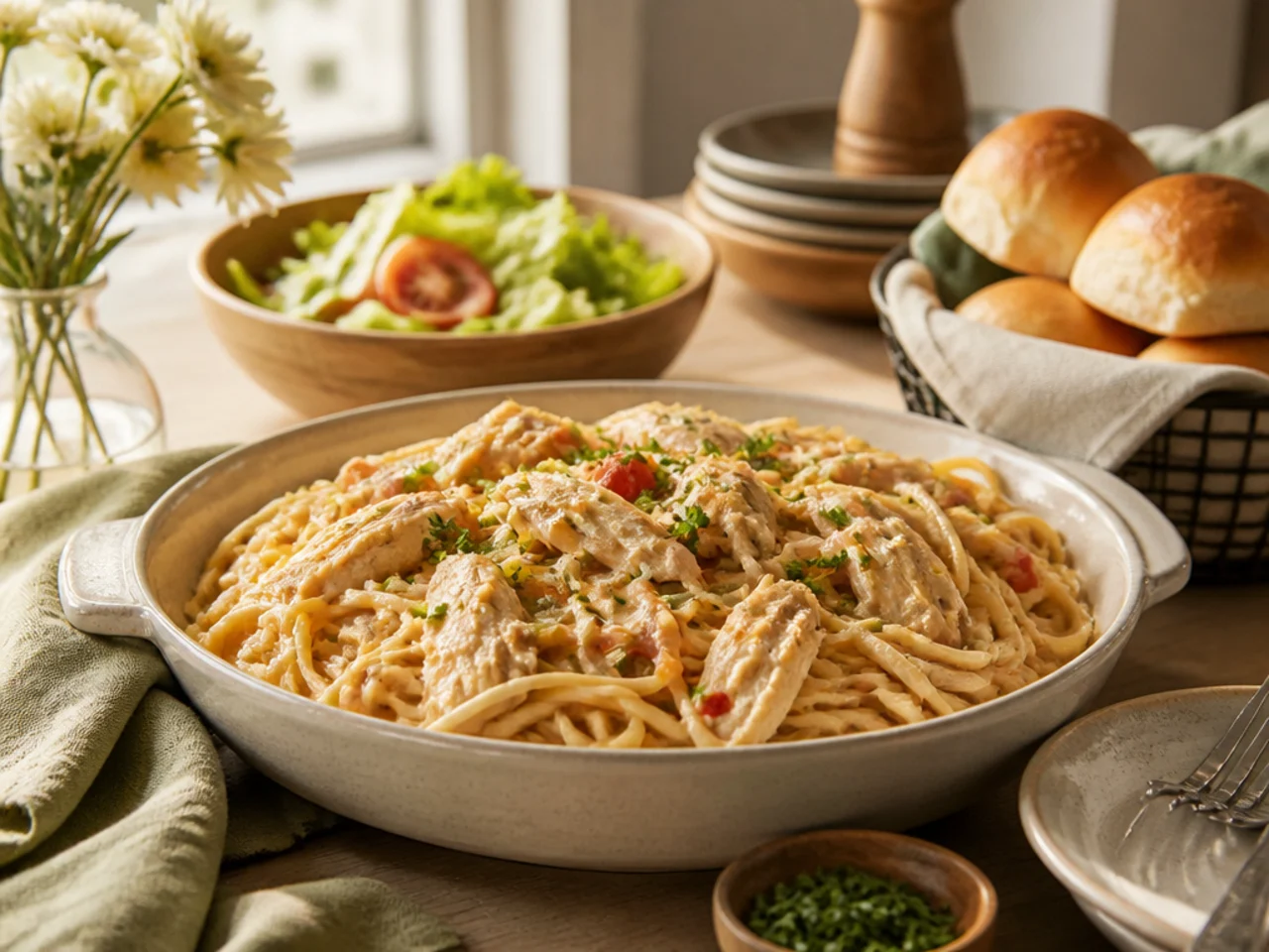 chicken spaghetti served family-style on a cozy table