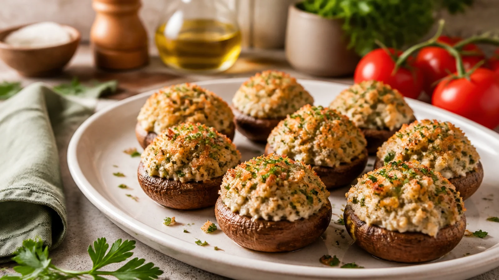 Sausage Stuffed Mushrooms Everyone Grabs — stuffed mushrooms plated and ready to serve