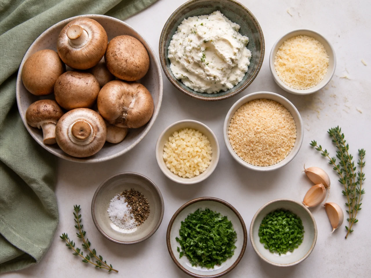 Fresh ingredients for stuffed mushrooms arranged in bowls