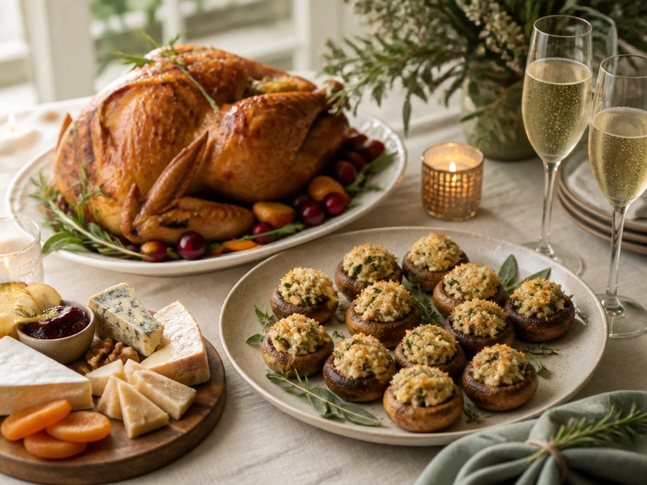 stuffed mushrooms served with a holiday roast, a cheese board and sparkling wine