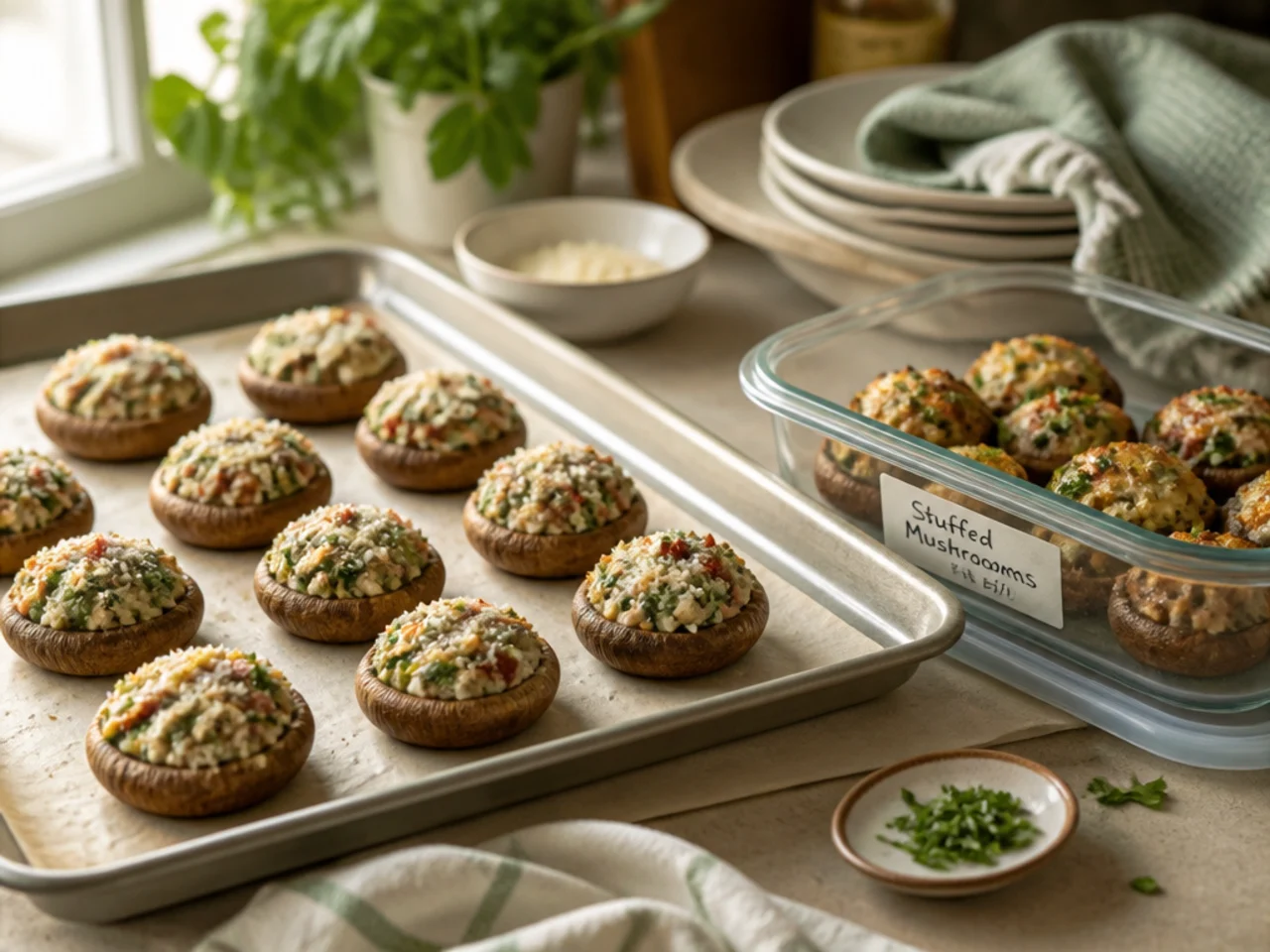 Make-ahead storage of stuffed mushrooms in containers