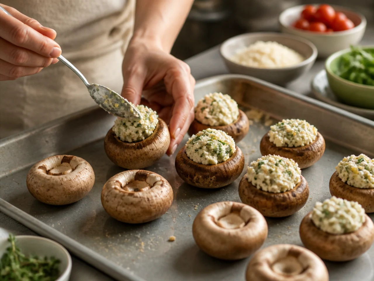 Step-by-step process shot for stuffed mushrooms