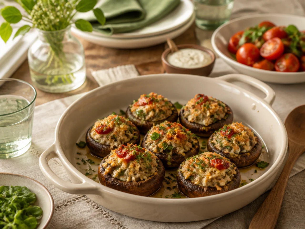 stuffed mushrooms served family-style on a cozy table