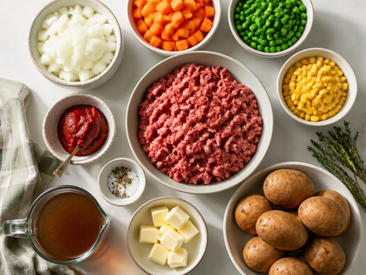 Fresh ingredients for shepherd's pie arranged in bowls