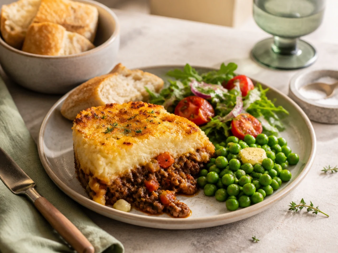 shepherd's pie served with crusty bread, buttered peas and a simple side salad