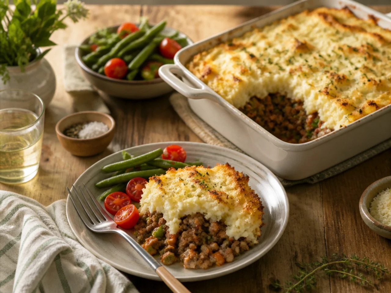 shepherd's pie served family-style on a cozy table