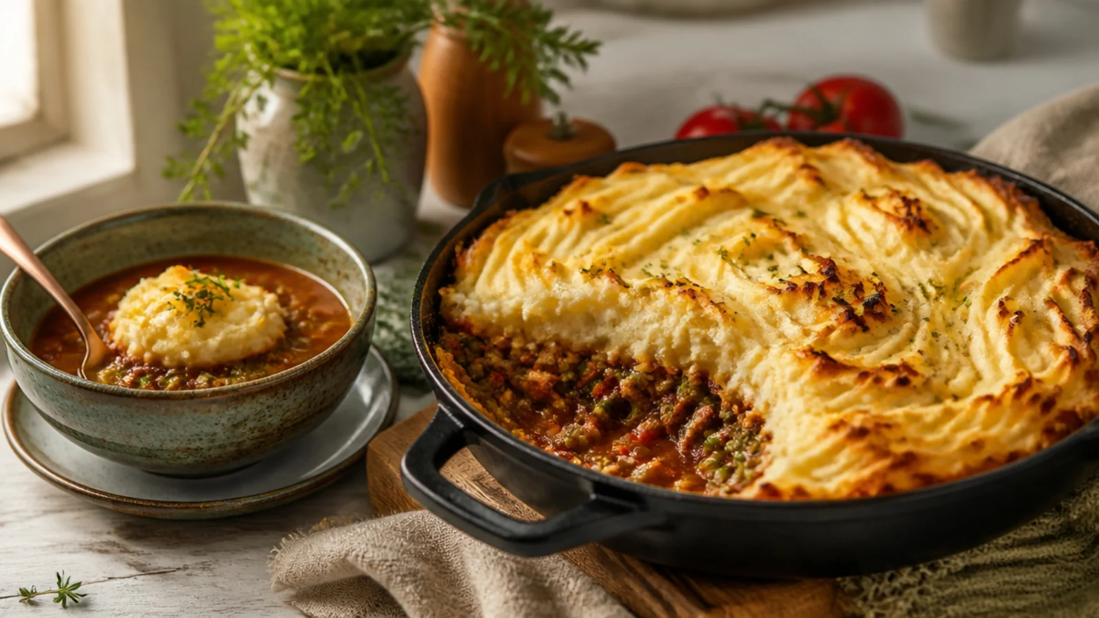 Cozy Shepherds Pie Soup Recipes to Warm Up — shepherd's pie plated and ready to serve