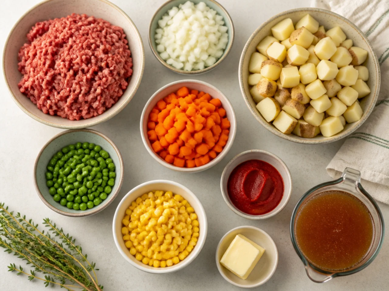 Fresh ingredients for shepherd's pie arranged in bowls