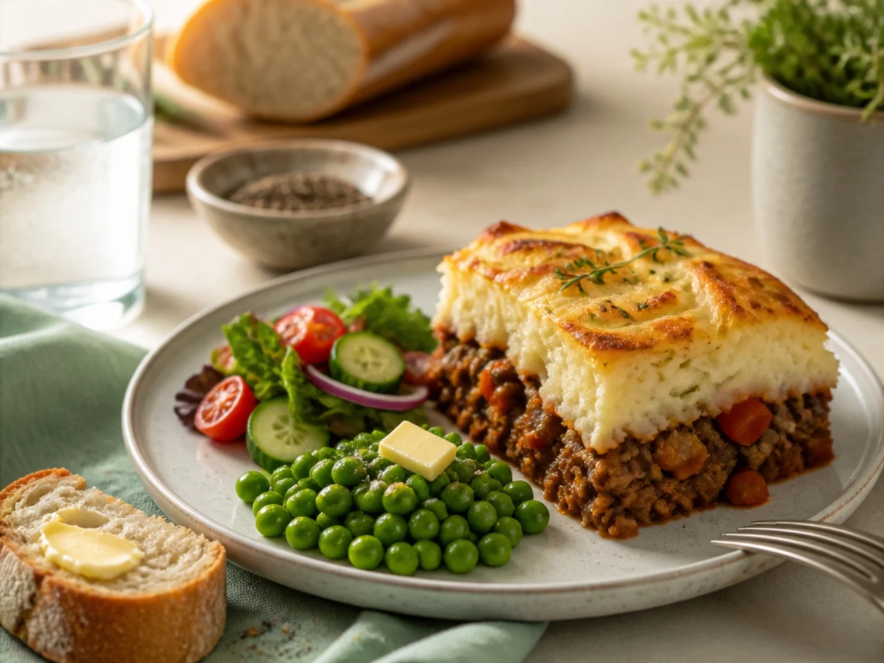 shepherd's pie served with crusty bread, buttered peas and a simple side salad