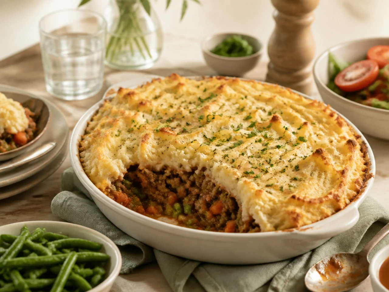 shepherd's pie served family-style on a cozy table