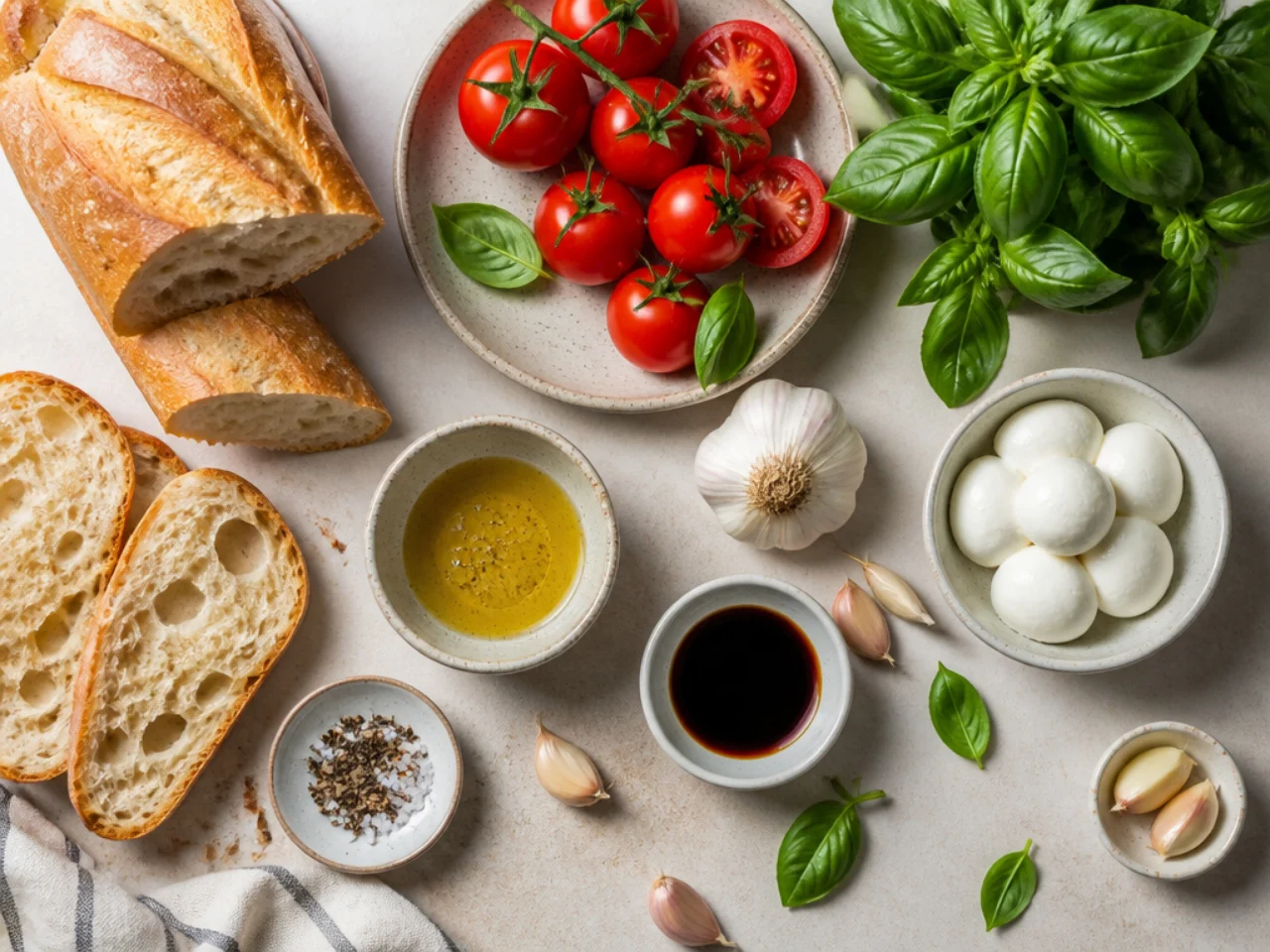 Fresh ingredients for bruschetta arranged in bowls