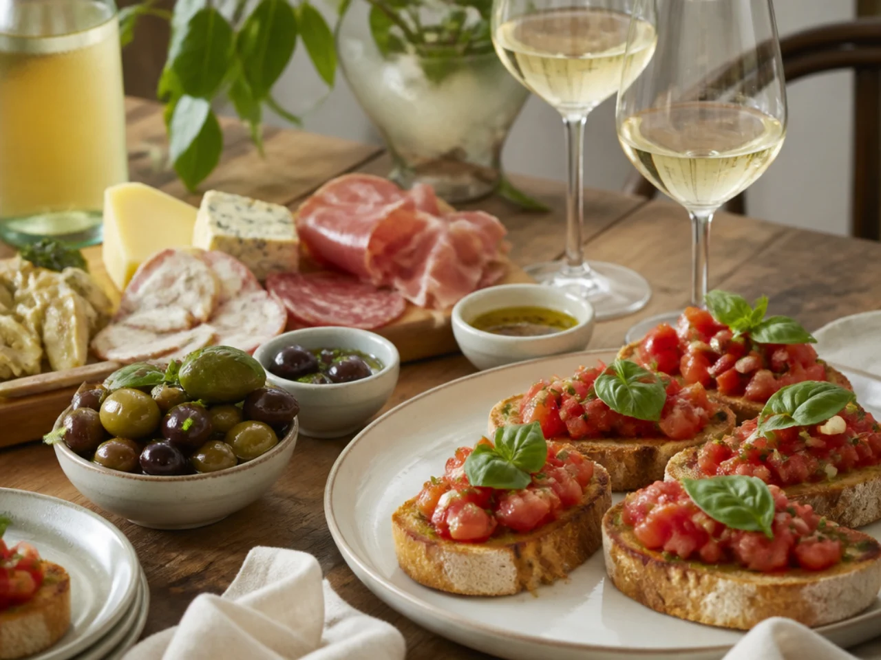 bruschetta served with a cheese board, marinated olives, antipasto and chilled white wine