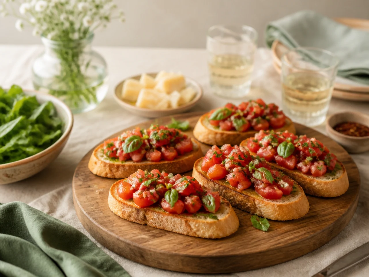 bruschetta served family-style on a cozy table