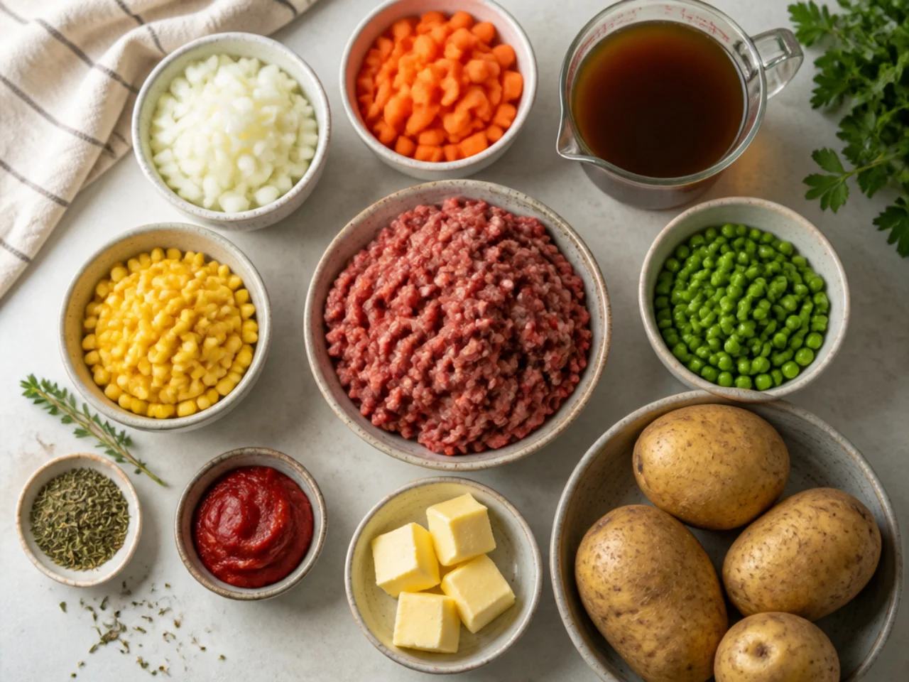 Fresh ingredients for shepherd's pie arranged in bowls