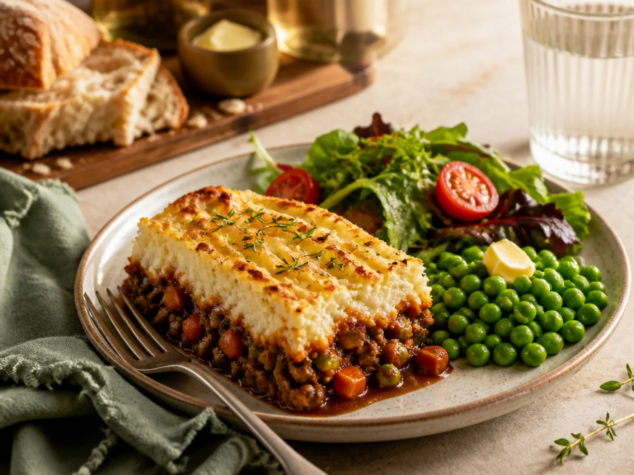 shepherd's pie served with crusty bread, buttered peas and a simple side salad
