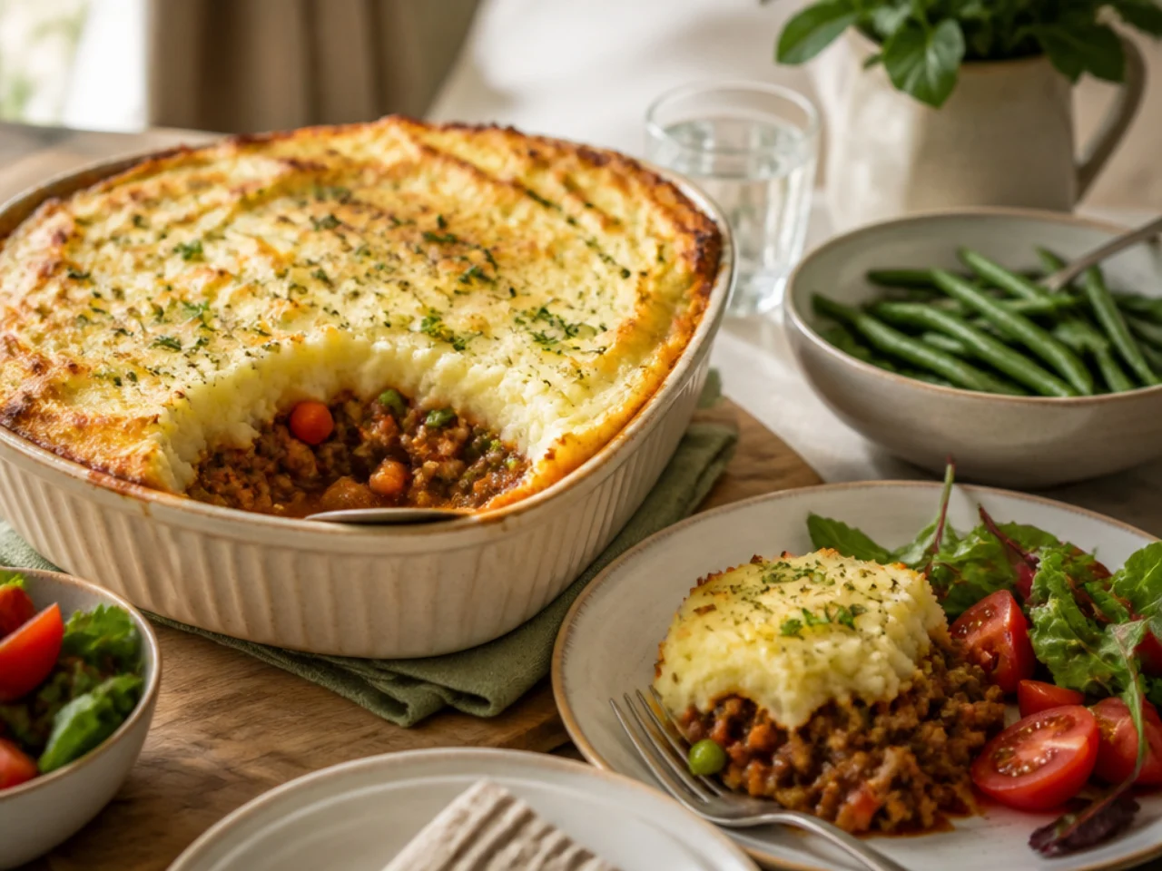 shepherd's pie served family-style on a cozy table