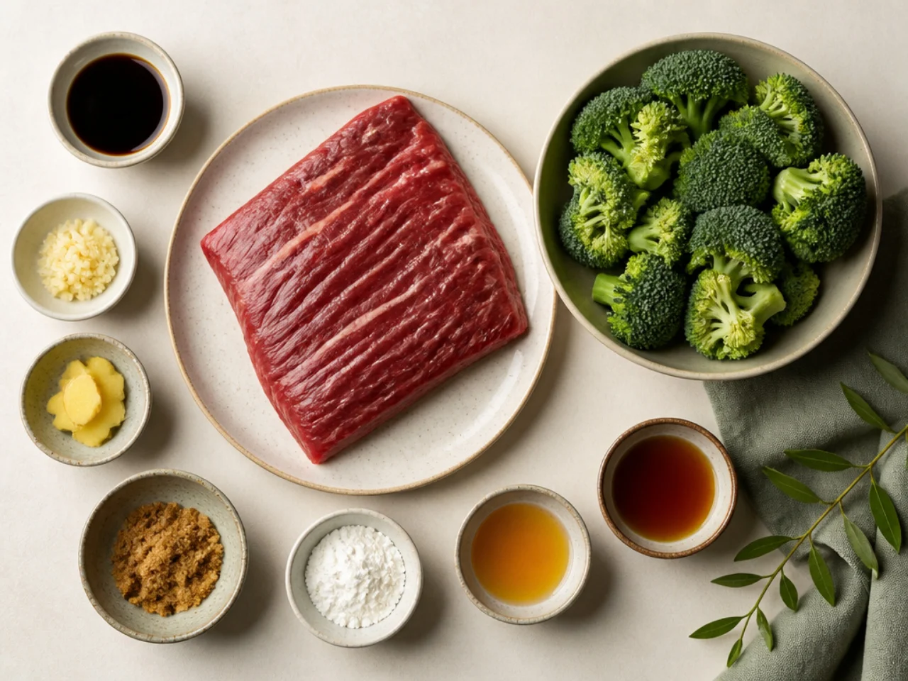 Fresh ingredients for beef and broccoli arranged in bowls