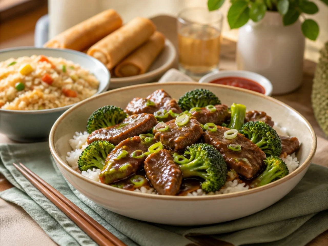 beef and broccoli served with steamed jasmine rice, fried rice, lo mein or egg rolls