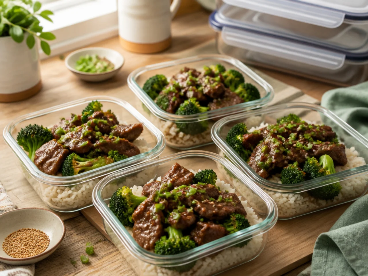 Make-ahead storage of beef and broccoli in containers