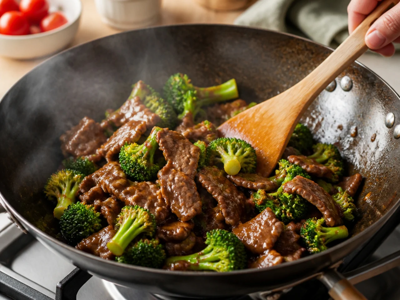 Step-by-step process shot for beef and broccoli