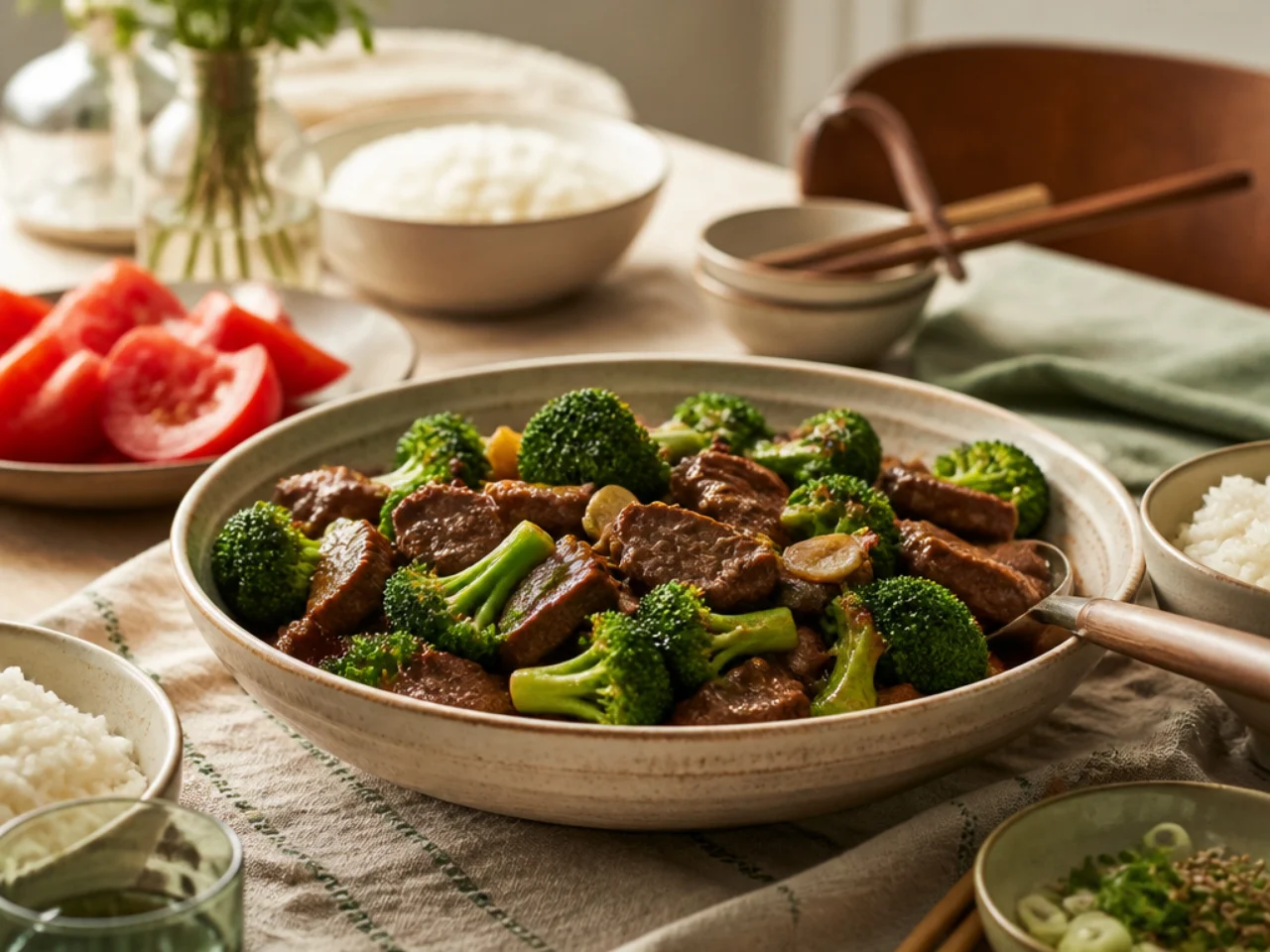 beef and broccoli served family-style on a cozy table