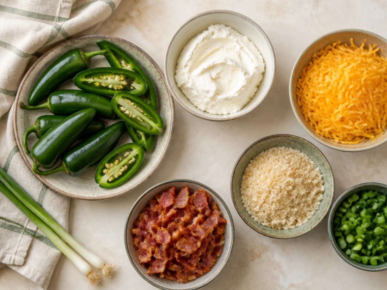 Fresh ingredients for jalapeno poppers arranged in bowls