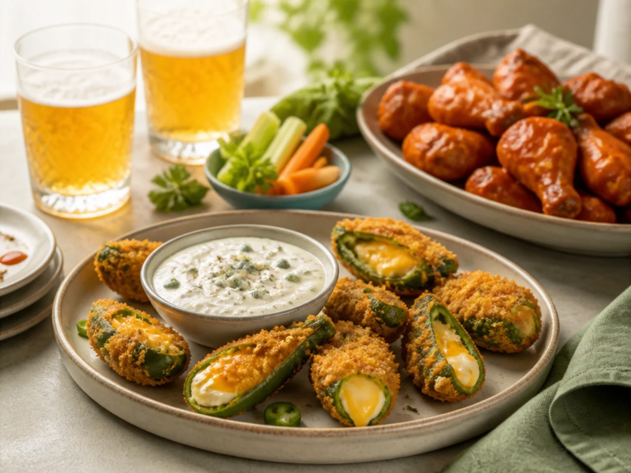 jalapeno poppers served with cool ranch or blue cheese dip, wings and cold drinks