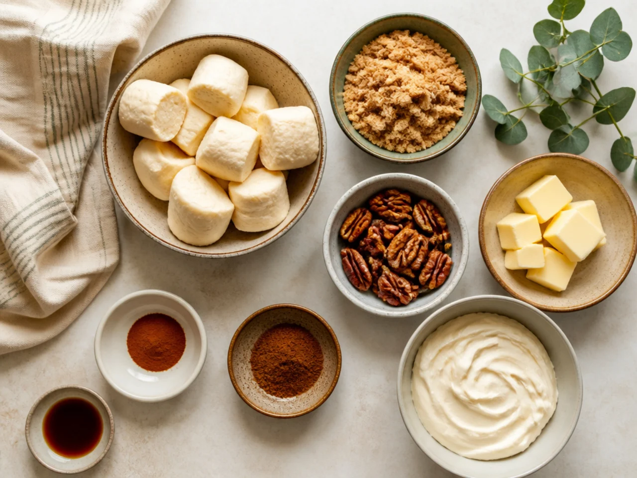 Fresh ingredients for monkey bread arranged in bowls