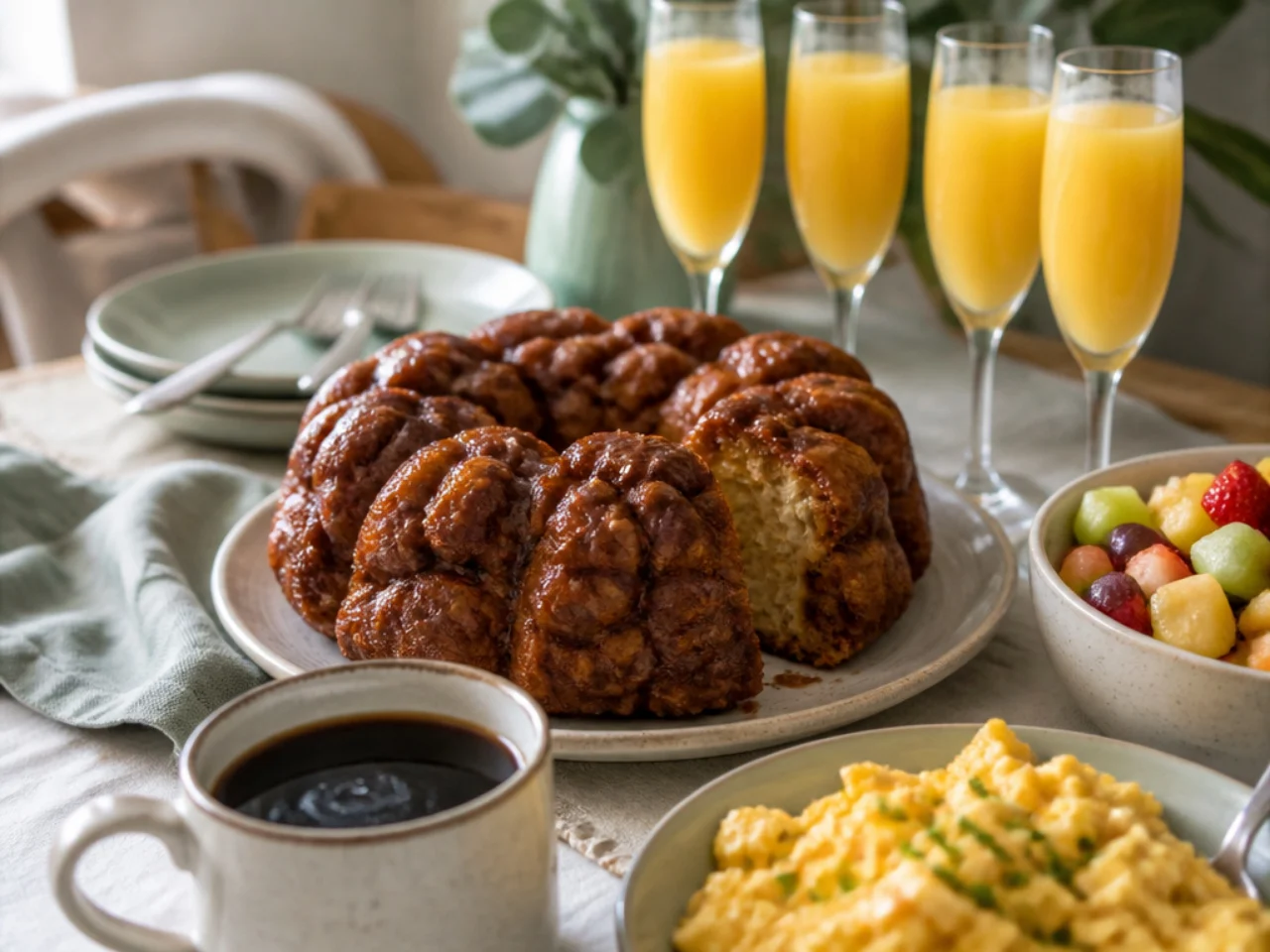 monkey bread served with fresh coffee, scrambled eggs, fruit salad and mimosas