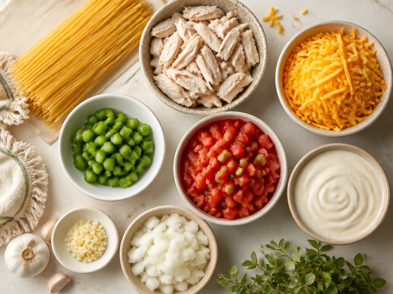 Fresh ingredients for chicken spaghetti arranged in bowls