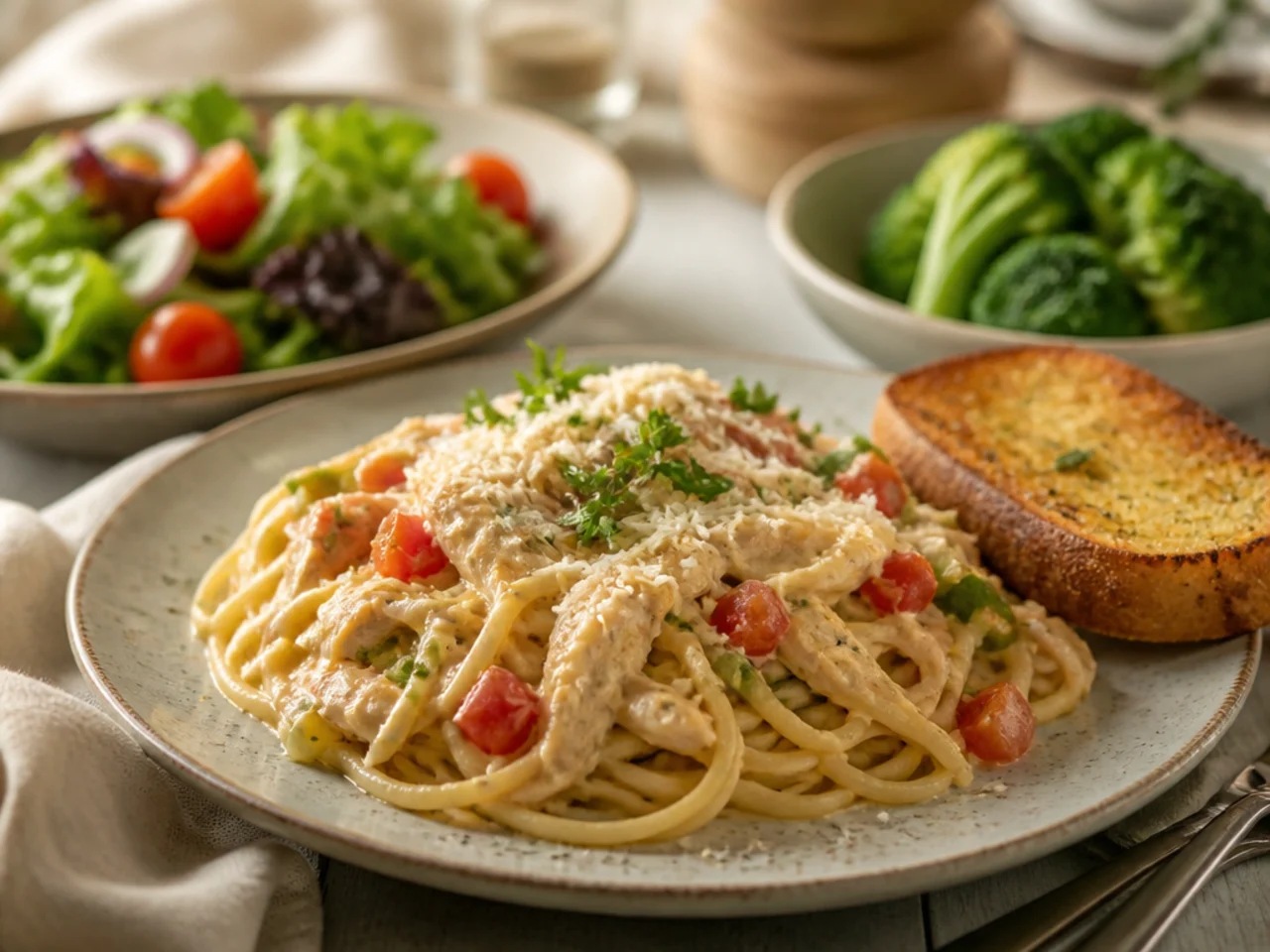 chicken spaghetti served with warm garlic bread, a green salad and steamed broccoli