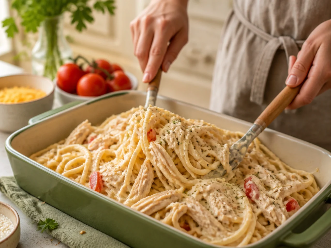 Step-by-step process shot for chicken spaghetti