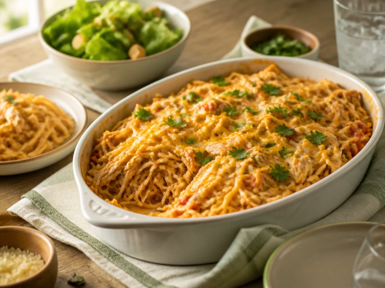 chicken spaghetti served family-style on a cozy table