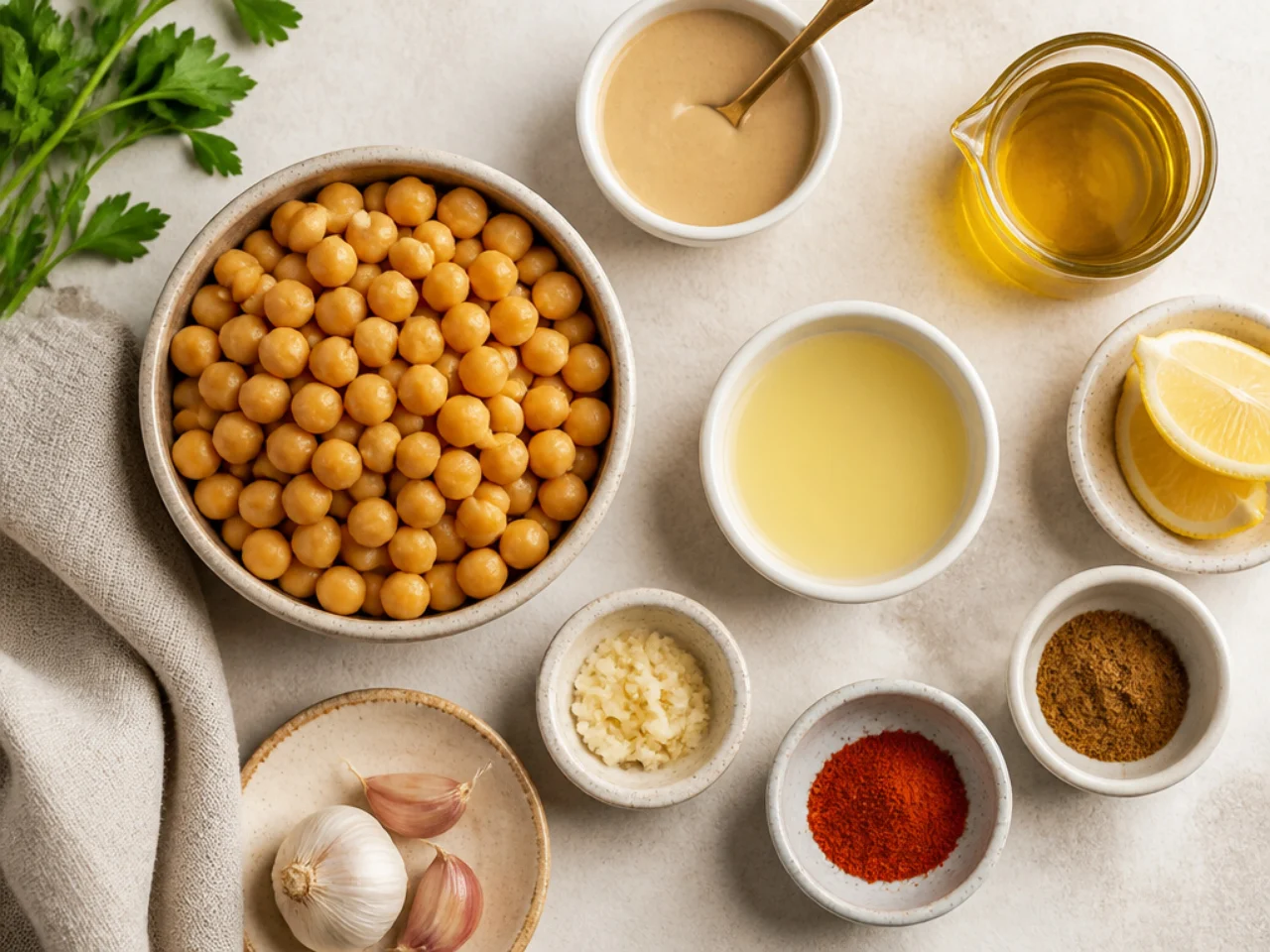 Fresh ingredients for hummus arranged in bowls