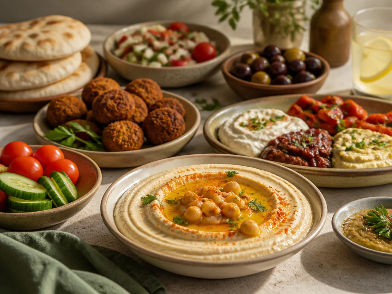 hummus served with warm pita, crunchy vegetables, falafel and a mezze platter