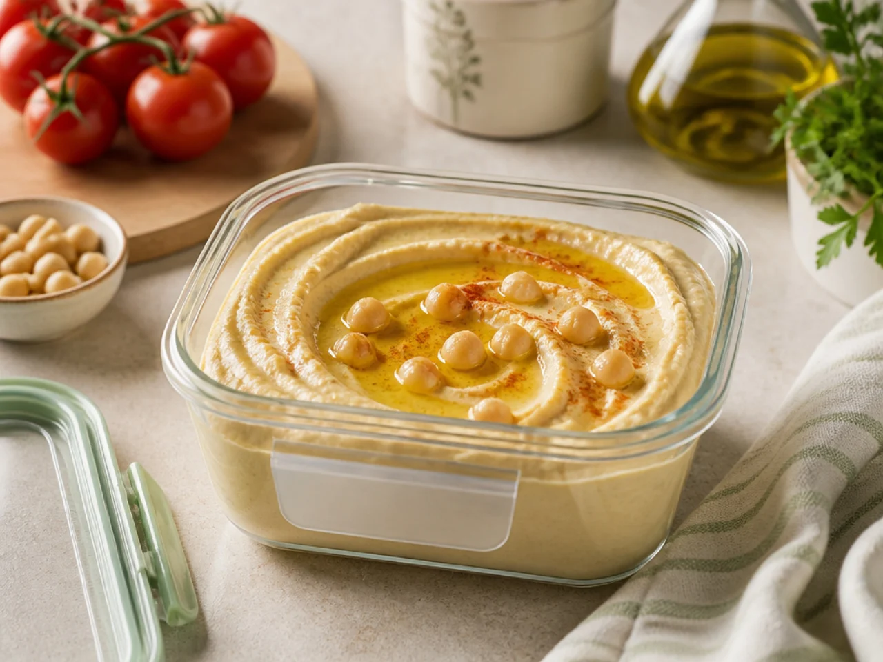 Make-ahead storage of hummus in containers
