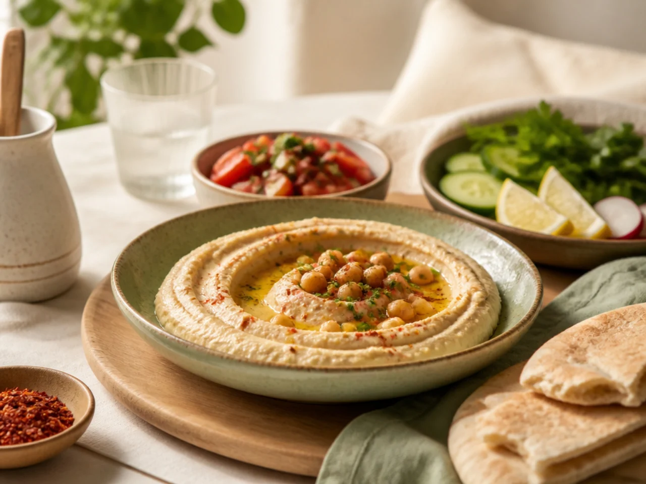 hummus served family-style on a cozy table