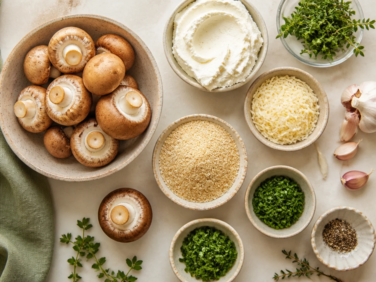 Fresh ingredients for stuffed mushrooms arranged in bowls
