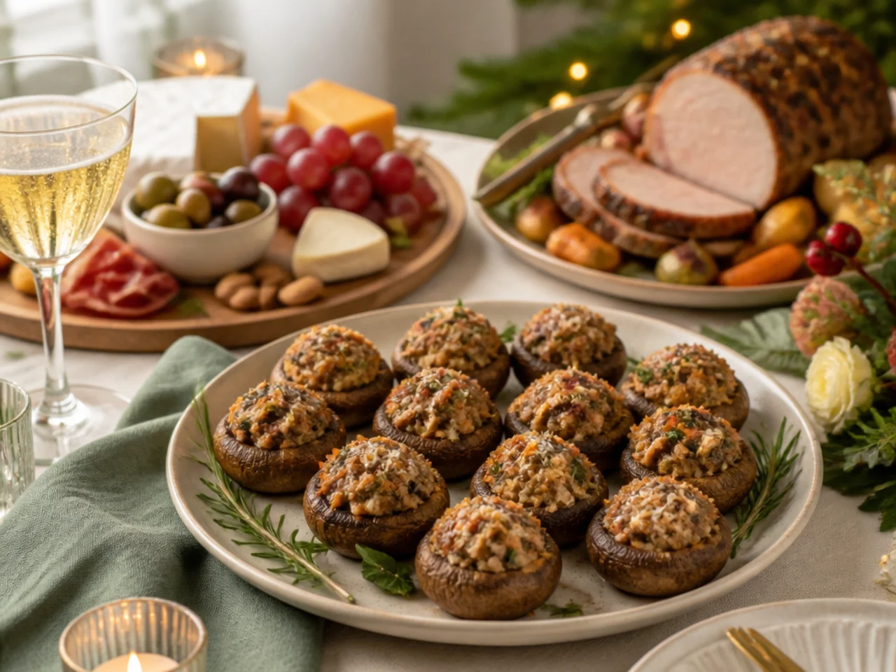 stuffed mushrooms served with a holiday roast, a cheese board and sparkling wine