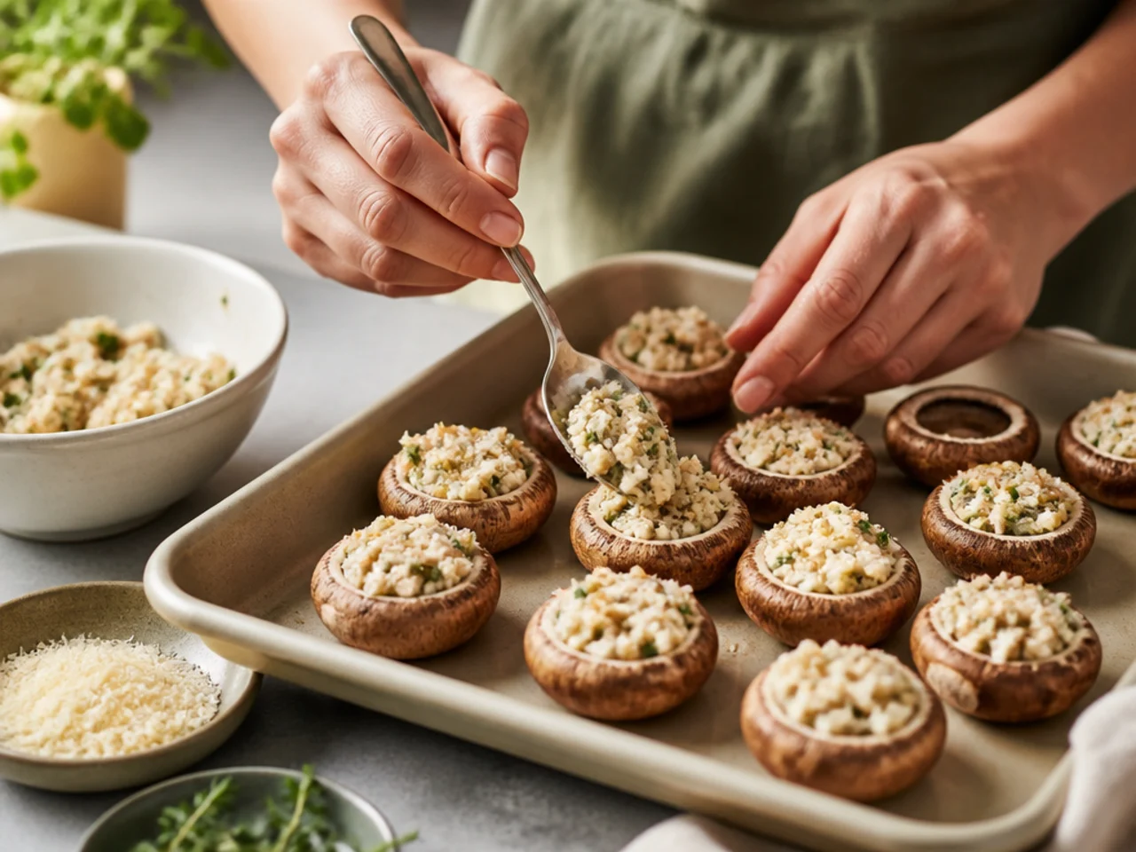 Step-by-step process shot for stuffed mushrooms