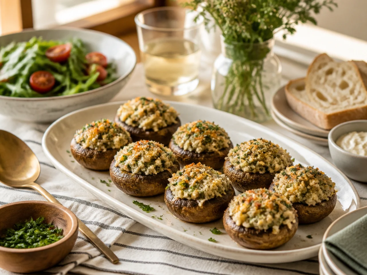 stuffed mushrooms served family-style on a cozy table