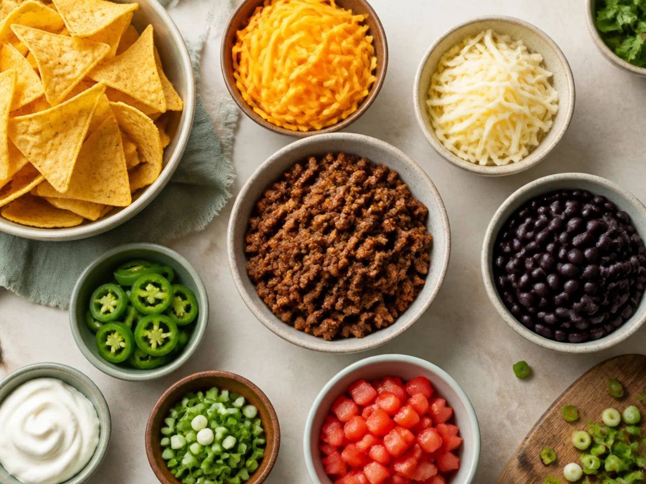 Fresh ingredients for nachos arranged in bowls